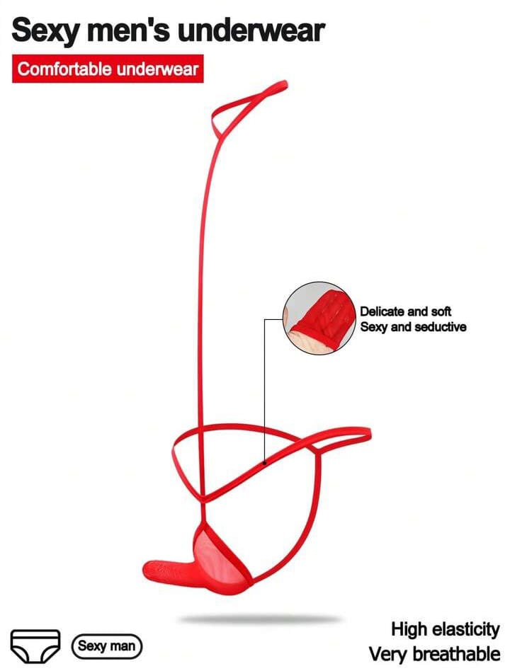 Men's Fashionable Neck- Hanging Bright Red Hollow Mesh Men's Underwear